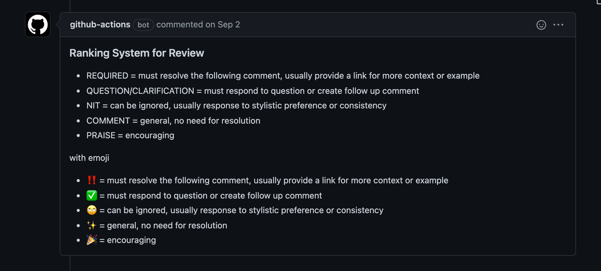 A legend for PR comments